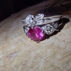 Stackable lab made vivid dark pink sapphire and Moissanite ring